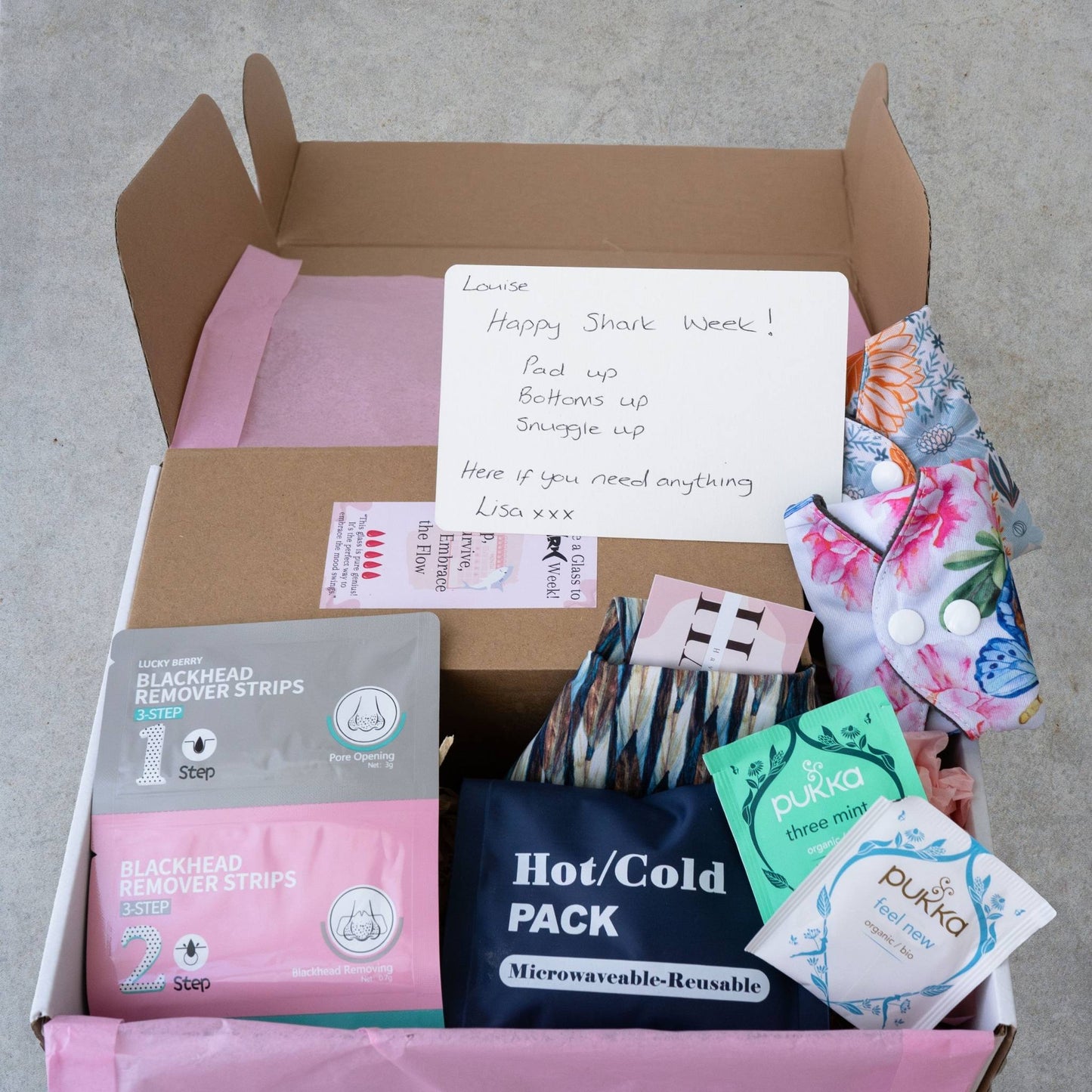 Period Pamper Box with reusable period thong, soothing essentials, handwritten message, and optional jewellery for $20.