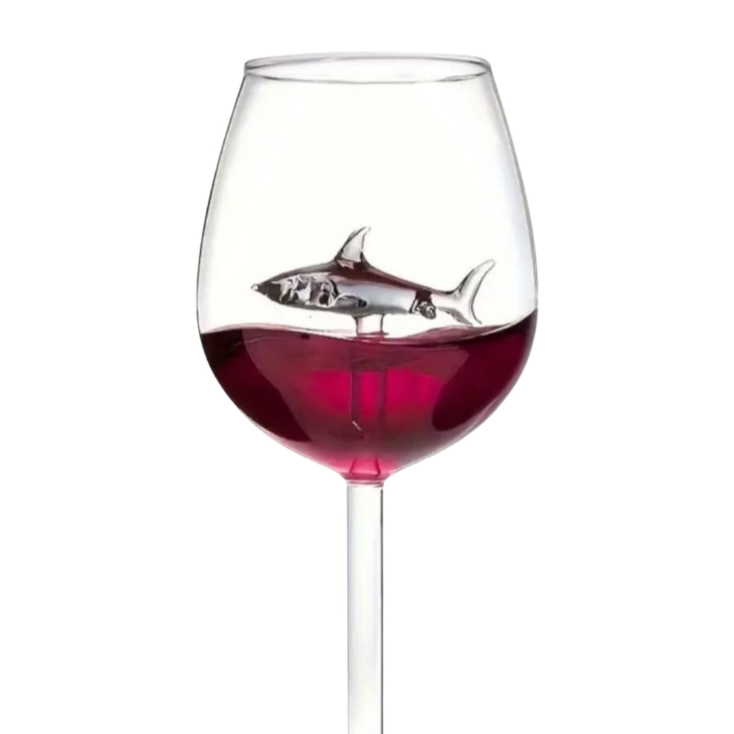 Shark wine glass with a detailed glass shark inside, available with an optional $5 gift box and handwritten note.