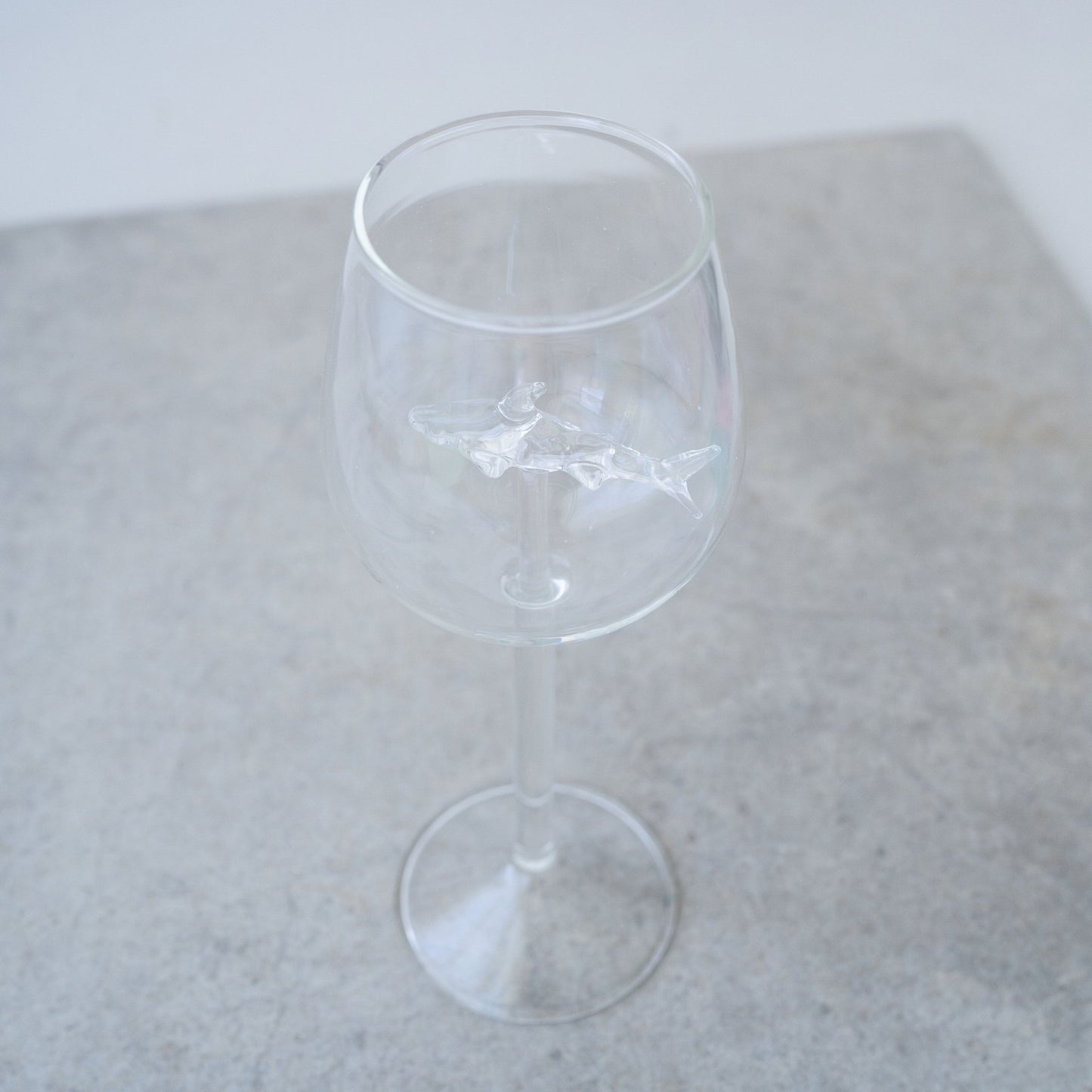 Shark wine glass with a detailed glass shark inside, available with an optional $5 gift box and handwritten note.