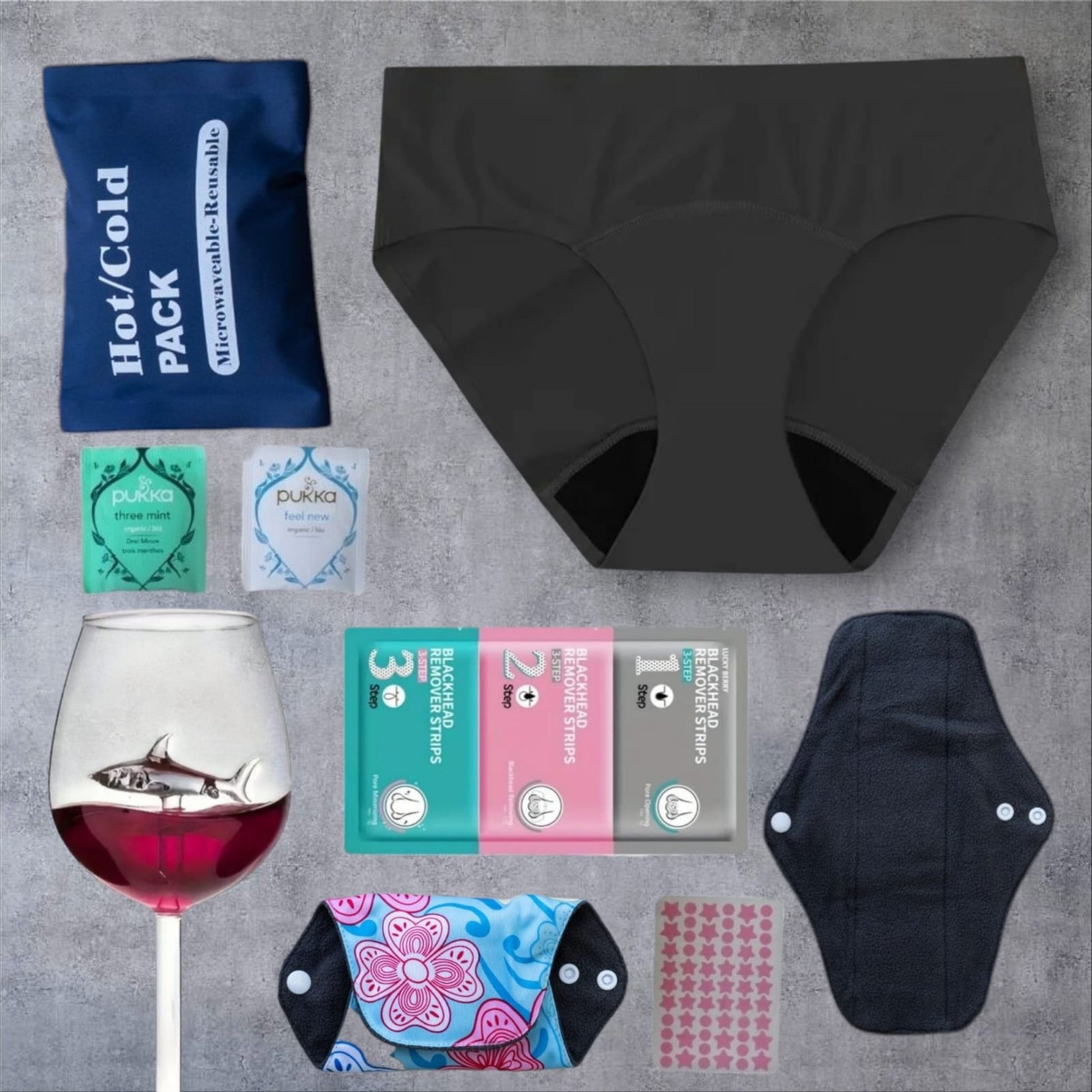 Period Pamper Box with reusable period thong, soothing essentials, handwritten message, and optional jewellery for $20.