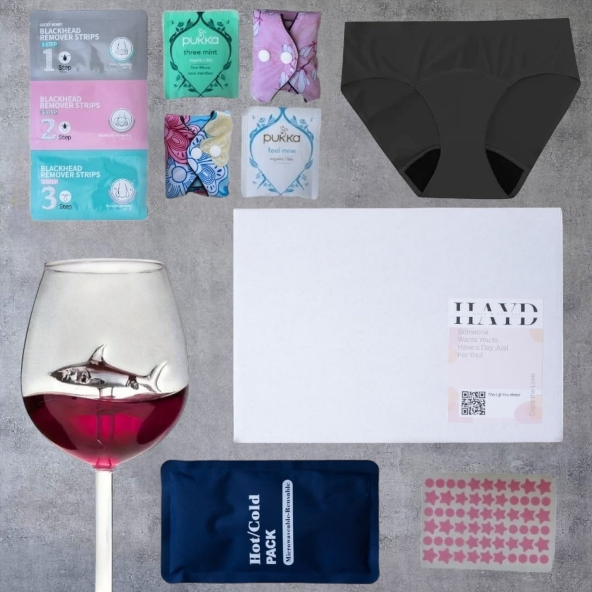 Period Pamper Box with reusable period thong, soothing essentials, handwritten message, and optional jewellery for $20.
