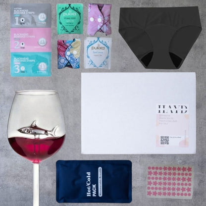 Period Pamper Box with reusable period thong, soothing essentials, handwritten message, and optional jewellery for $20.