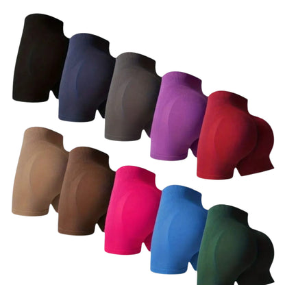 High-waisted gym shorts available in 10 colors and 3 sizes, with an option for a gift box and handwritten message.