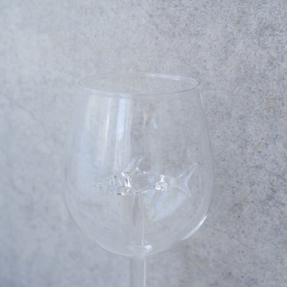 Shark wine glass with a detailed glass shark inside, available with an optional $5 gift box and handwritten note.
